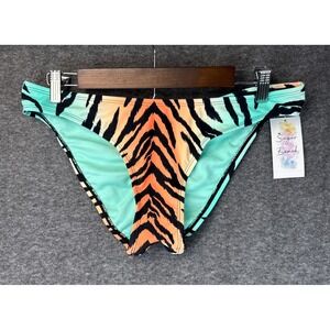 NWT Sugar Beach Tiger Stripe Ombre Ruched Bikini Bottom Orange Teal Womens L